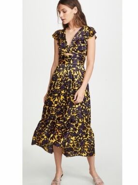 A.L.C. Purple and Yellow Floral V-Neck Ruffled Midi Dress